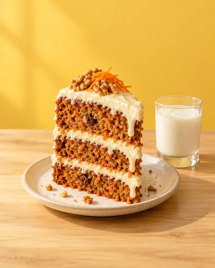 A slice of layered carrot cake with cream cheese frosting