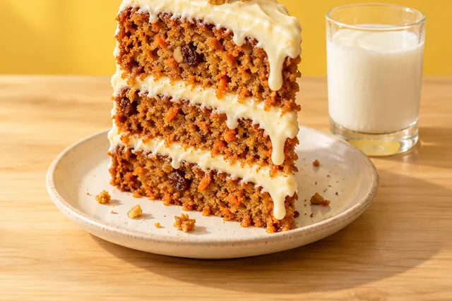 A slice of layered carrot cake with cream cheese frosting