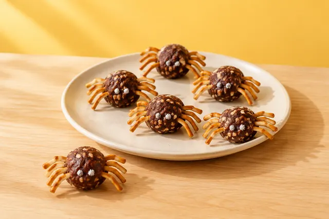 Date and cocoa bites with pretzel legs, made to look like little spiders