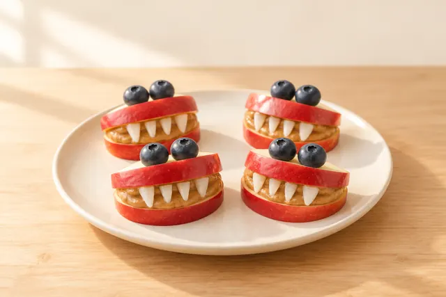 Apple wedges with seed butter and coconut teeth, like little monster mouths