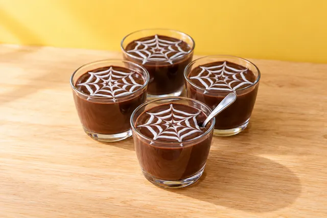 Chocolate pudding cups with a white yogurt cobweb on top