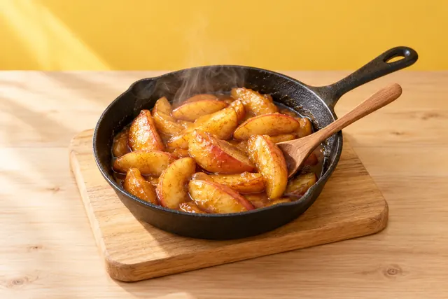 Warm cinnamon apples in a skillet